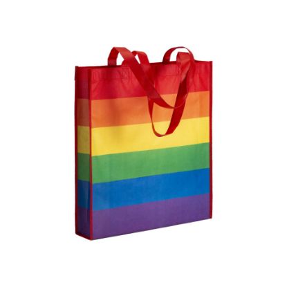 Shopper arcobaleno in r-pet  80g/m2, manici lunghi e soffietto