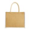 Borsa in juta con manici lunghi in corda e inserti colorati. Con soffietto