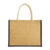 Borsa in juta con manici lunghi in corda e inserti colorati. Con soffietto