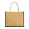 Borsa in juta con manici lunghi in corda e inserti colorati. Con soffietto