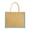 Borsa in juta con manici lunghi in corda e inserti colorati. Con soffietto
